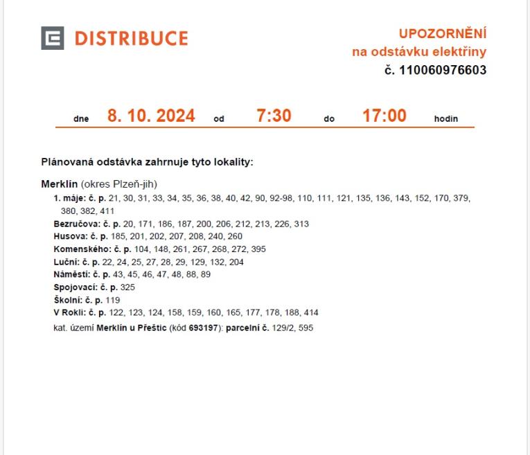 oznámení o&nbsp;přerušení elektriky